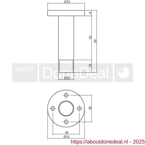 Intersteel Essentials 4421 deurstop diameter 22x89 mm op rozet diameter 53 mm wandmontage RVS 0035.442160 - Afbeelding . 2